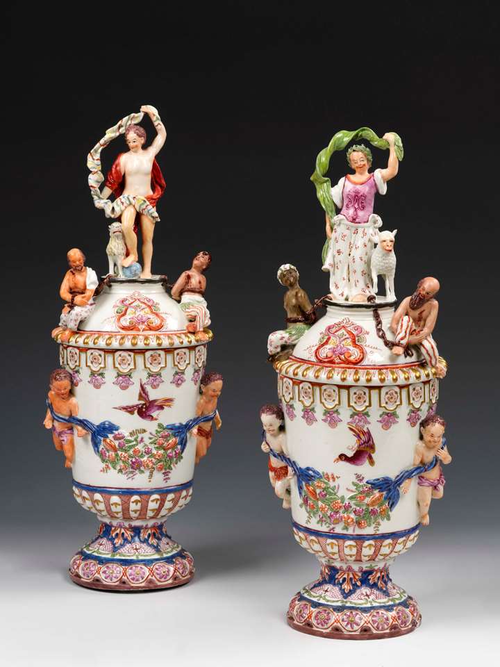 Monumental pair of allegorical vases